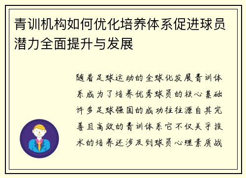 青训机构如何优化培养体系促进球员潜力全面提升与发展