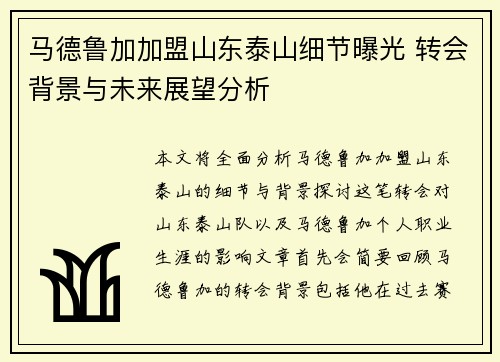 马德鲁加加盟山东泰山细节曝光 转会背景与未来展望分析