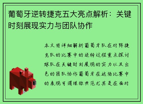 葡萄牙逆转捷克五大亮点解析：关键时刻展现实力与团队协作