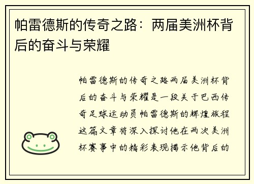 帕雷德斯的传奇之路：两届美洲杯背后的奋斗与荣耀