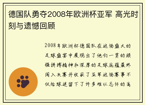 德国队勇夺2008年欧洲杯亚军 高光时刻与遗憾回顾