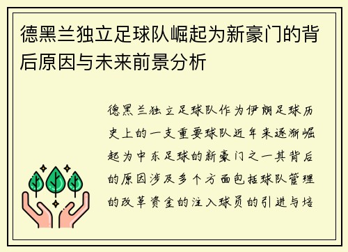 德黑兰独立足球队崛起为新豪门的背后原因与未来前景分析