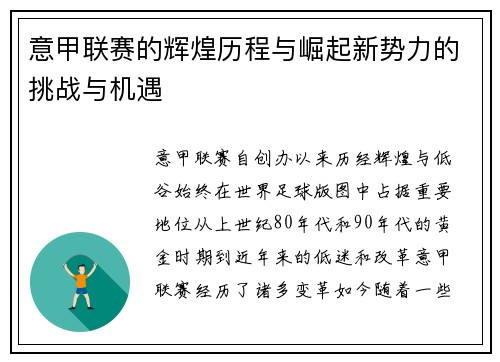 意甲联赛的辉煌历程与崛起新势力的挑战与机遇
