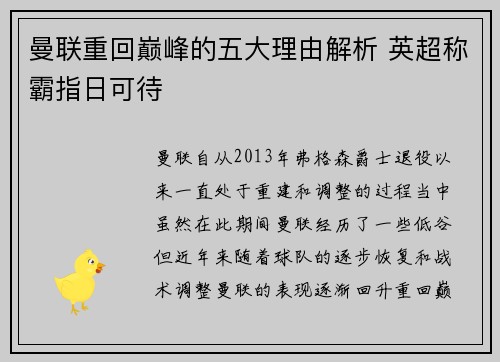 曼联重回巅峰的五大理由解析 英超称霸指日可待